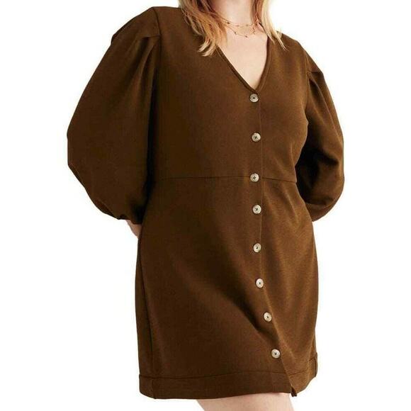 Madewell Dress Womens Large Texture & Thread Crepe Brown Stretch Balloon Sleeve - Picture 1 of 7